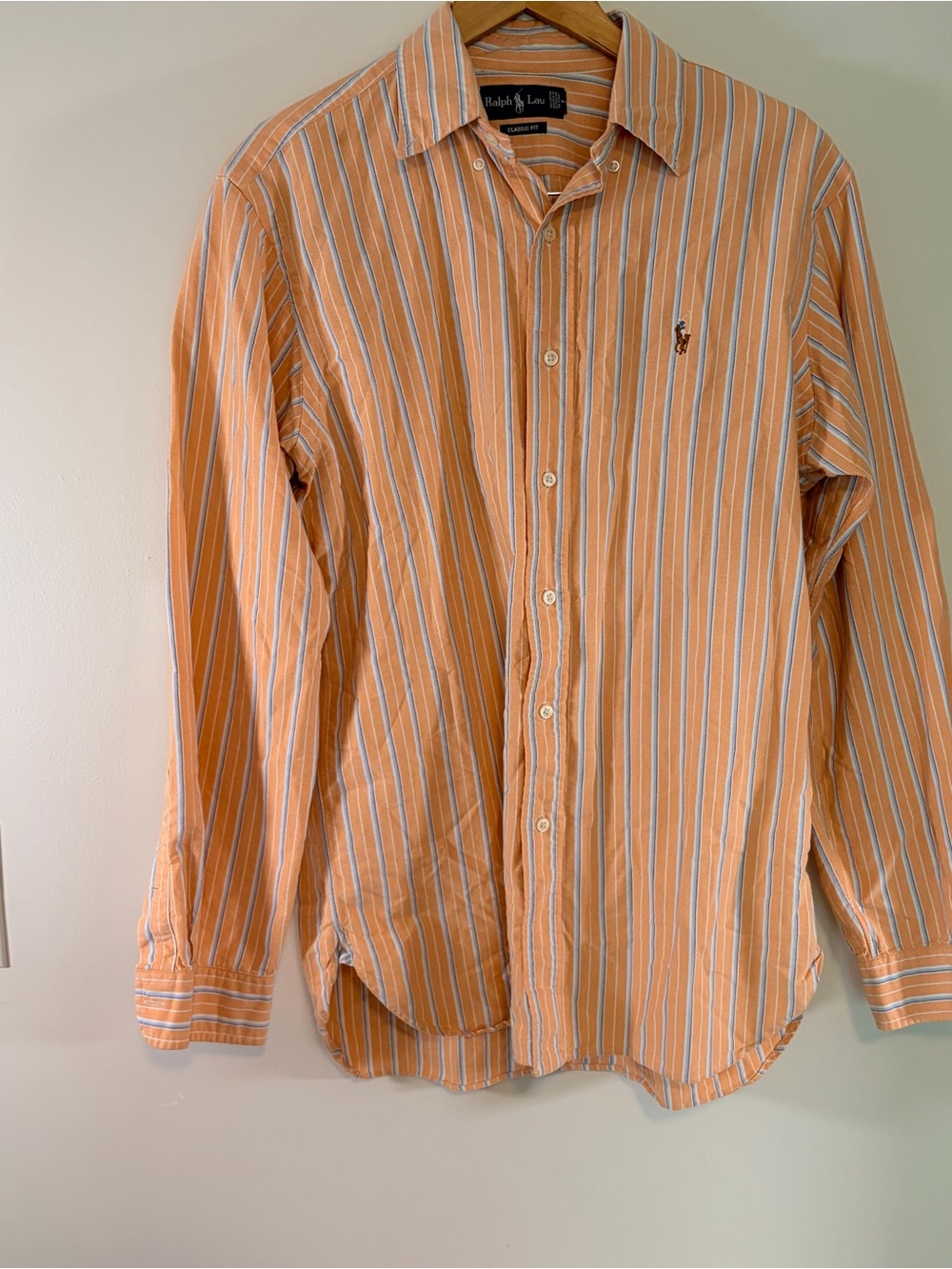 VTG Ralph Lauren Pony Long Sleeve Orange Blue Striped Button Down Shirt Size M